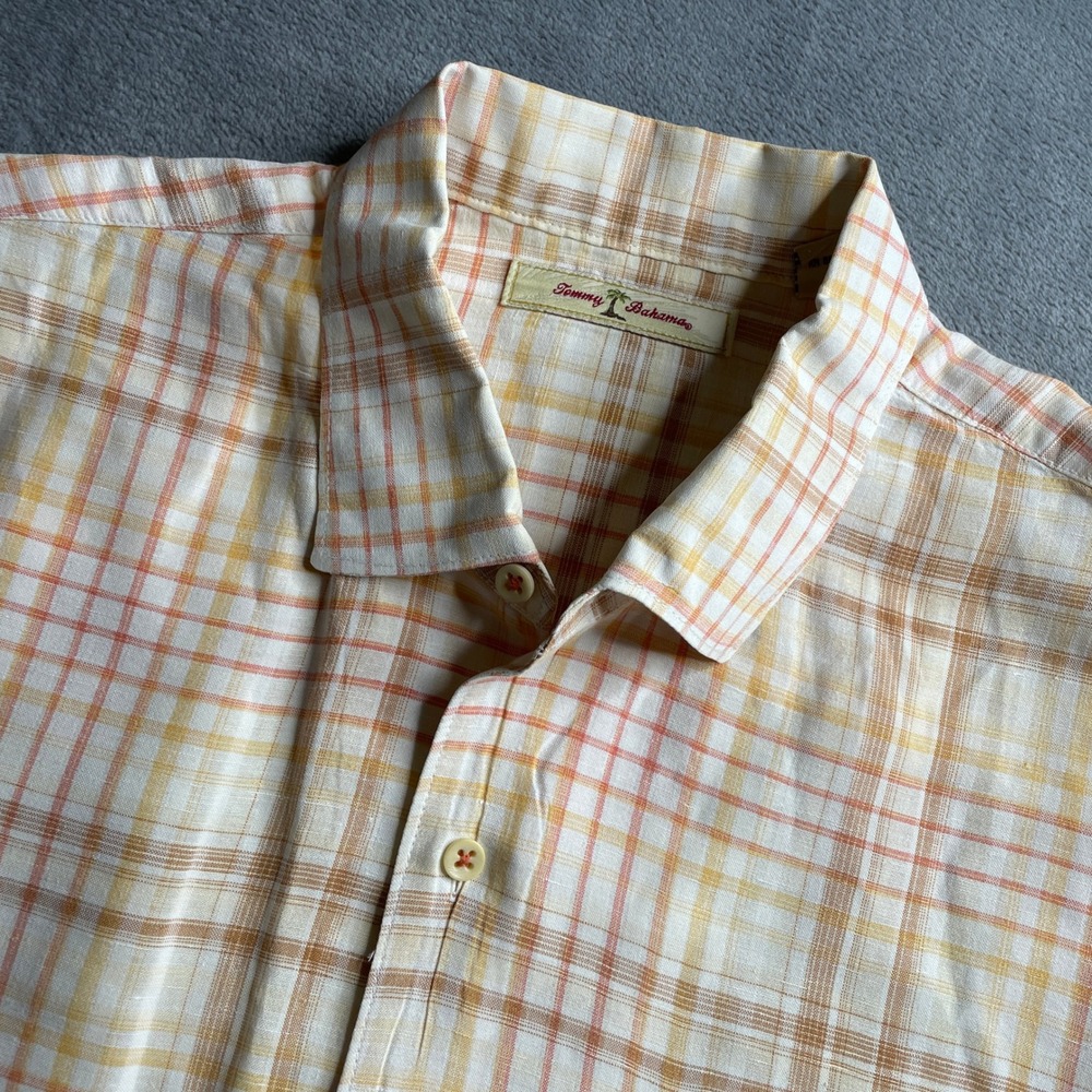 Tommy Bahama Men's Plaid Linen Tan Cotton Short Sleeve Button Up Shirt XL‎ READ